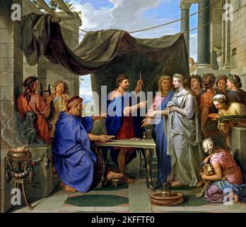 Die Ehe von Moses und Sephora - Moses heiratet Zipporah, Tochter von Jethro 1687 von Charles LE BRUN 1619 - 1690, Paris, Französisch, Frankreich. (Moses, Hebrew Moshe, 14.–13. Jahrhundert, BC Hebräisch Prophet, Lehrer, Anführer, errettete sein Volk aus der ägyptischen Sklaverei. Mt. Sinai, zehn Gebote, gründete die religiöse Gemeinschaft als Israel bekannt, Organisator der Gemeinschaft der religiösen und zivilen Traditionen, judaische Tradition, größter Prophet und Lehrer, Judentum hat manchmal lose genannt worden Mosaism, Mosaic Glauben, Western Christendom,) Stockfoto