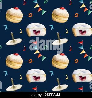 Handzeichnung Hanukkah nahtloses Muster auf dunkelblauem Hintergrund mit traditionellen Symbolen. Donuts, Dreidels, Flaggen und hebräische Buchstaben Stockfoto