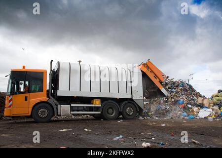 Deponie verschmutzt die Umwelt. Müllwagen. Vögel fliegen über Deponien Stockfoto