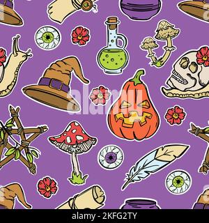 HALLOWEEN SCHÄDEL Kürbis Hut Kessel Giftschnecke und andere Hexerei Elemente Flachdesign mit Stroke Cartoon Hand gezeichnet Nahtloses Muster Vektor krank Stock Vektor