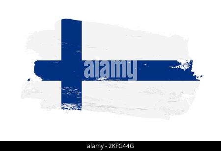 Pinselstrich bemalte verzweifelte Flagge finnlands auf weißem Hintergrund Stockfoto