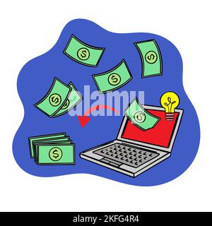 FLIEGENDE DOLLAR UND LAPTOP Online E-Commerce Internet verkauft Speicher für modernen Crypto Network Technology Trade Marketplace mit nicht-fungible Token Geld Stock Vektor