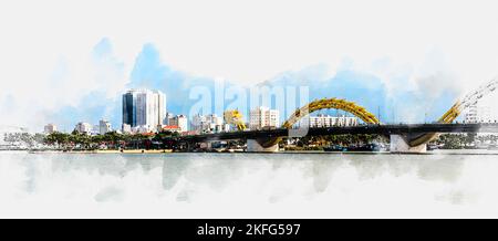 Digitale Kunst im Aquarellstil von Da Nang Stadtpanorama mit Wolkenkratzern und wunderschönen Architekturbrücken entlang des Han-Flusses an einer wunderschönen Bucht Stockfoto