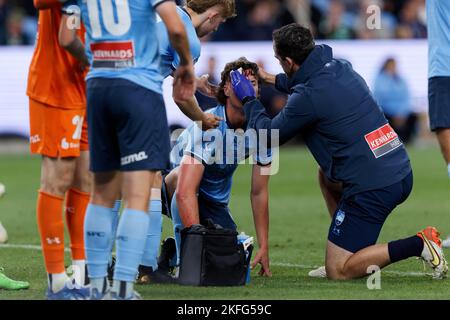 SYDNEY, AUSTRALIEN - 17. NOVEMBER: Jake Girdwood-Reich aus Sydney kollidierte mit Stephen Welsh von Celtic und verletzte sich während des Spiels zwischen Sydney und Celtic im Allianz Stadium Stockfoto