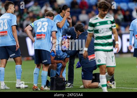 SYDNEY, AUSTRALIEN - 17. NOVEMBER: Jake Girdwood-Reich aus Sydney kollidierte mit Stephen Welsh von Celtic und verletzte sich während des Spiels zwischen Sydney und Celtic im Allianz Stadium Stockfoto