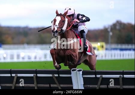 Der Fragesteller, der von Jockey Henry Brooke auf dem Weg zum Gewinn der Handicap-Hürde für Anfänger der Paddock Ownership Day Series auf der Ascot Racecourse geritten wurde. Bilddatum: Freitag, 18. November 2022. Stockfoto