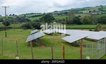Solarzellen, die auf einer Farm in East Devon in Großbritannien installiert sind Stockfoto