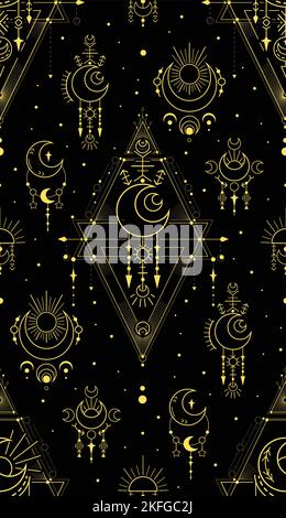 Vektorreiche Textur mit goldenen okkulten Symbolen mit Sternen und Halbmond auf schwarzem Hintergrund. Mystisches, luxuriöses geometrisches Muster. Sakrale Kontur Gold Stock Vektor