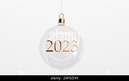 Festliche Weihnachtskugeln aus Glas. Mit Gold-2023-Botschaft. 3D Renderin Stockfoto