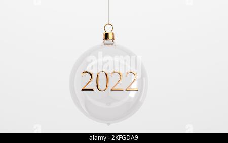 Festliche Weihnachtskugeln aus Glas. Mit Gold-2022-Botschaft. 3D Rendering Stockfoto