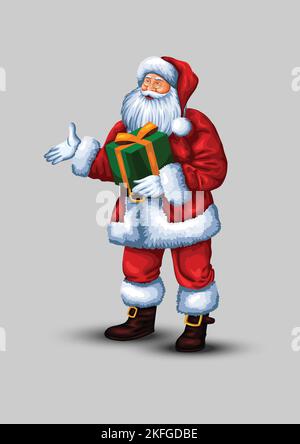 Happy Merry Christmas Santa Klausel hält Geschenkbox. vektor-Illustration-Design. Stock Vektor