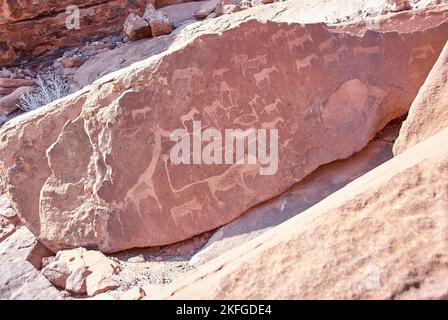 Twyfelfontein, Namibia - 07-16-2013: Felsgravuren sind ein UNESCO-Weltkulturerbe im Norden Namibias Stockfoto