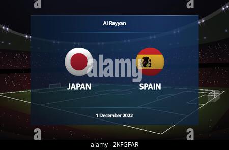 Japan vs. Spanien. Fußball-Anzeigetafel Broadcast Grafik Fußball Vorlage Stock Vektor