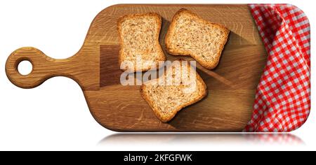 Nahaufnahme von drei Zwieback auf einem alten Schneidebrett mit einer rot-weiß karierten Tischdecke. Isoliert auf weißem Hintergrund. Stockfoto