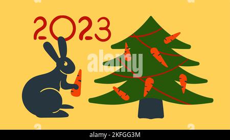 Schwarzes Kaninchen mit Karotten, chinesisches Neujahr 2023, Weihnachtsbaum-Postkarte, Vektor-UI-Banner, gelber Hintergrund Stock Vektor