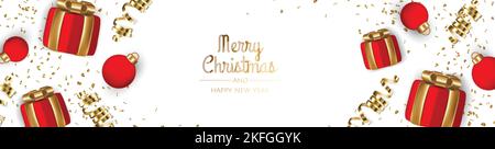 Weihnachtsbanner. Weihnachtsdesign mit realistischer Geschenkbox, Schneeflocke und goldenem Konfetti-Glitzer. Horizontales Weihnachtsposter, Grußkarten Stock Vektor