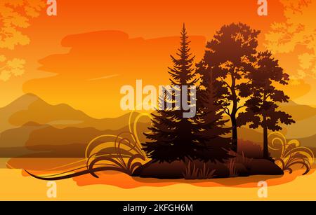 Landschaft, Bäume und Berge Silhouetten und abstrakte Muster. Vektor Stock Vektor