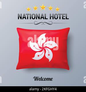 Realistisches Kopfende und Flagge von Hongkong als Symbol National Hotel. Flag Kissenbezug mit Fahnenmuster Stock Vektor