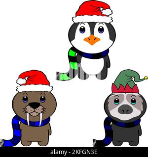 xmas niedlich chibi stehend Baby Tiere Sammlung Illustration. weihnachten Vektor-Format Stock Vektor