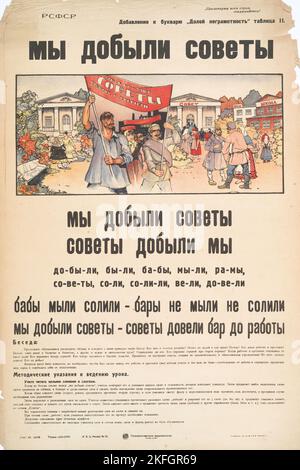 Wir haben Soviety, Down with Analphabeacy, Nr. II, 1921. [Herausgeber: Gosudarstvennoe Izd.; Ort: Moskau] Weitere Titel: My dobyli Sovety. (Doloi negramotnost'. Nr. II) Stockfoto