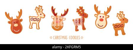 weihnachtsplätzchen Lebkuchen Set mit verschiedenen Vereisung und Zucker Dekoration Hirsch Stock Vektor