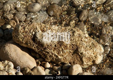 Nahaufnahme eines kalkhaltigen Felsens im Wasser, mit einem durch Wassereinwirkung entstandenen Aussehen Stockfoto