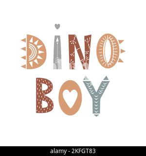 Vektor Hand geschrieben skandinavischen Schriftzug Text Dino Boy. Zitat für Babybanner, Poster und Aufkleber Konzept. Symbolnachrichtensatz isoliert. Stock Vektor