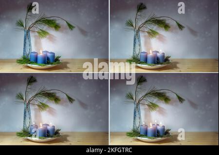 Vier Bilder mit blauen Kerzen, beleuchtet für den ersten bis vierten Advent, Vase mit Kiefernästen, schneebedecktes Bokeh auf dem lila grauen Hintergrund, Serie für Stockfoto