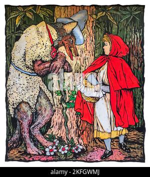 Und sie traf einen großen Wolf im Wald ... mit Rotkäppchen, Illustration im Blaubart-Bilderbuch von 1879 von Walter Crane Stockfoto