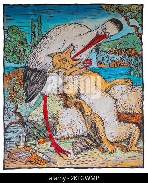 Le Loup et la Cigogne / der Wolf und der Kranich, Illustration des französischen Illustrators Grandville im Buch Fabeln des Fabulisten Jean de La Fontaine Stockfoto
