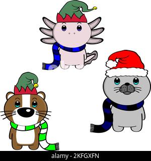 xmas niedlich chibi stehend Baby Tiere Pack Illustration. weihnachten Vektor-Format Stock Vektor