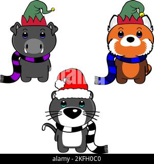 xmas niedlich chibi stehend Baby Tiere Set Illustration. weihnachten Vektor-Format Stock Vektor