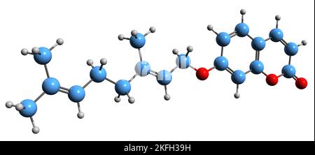 3D Bild der Skelettformel von Geranyloxycoumarin - molekularchemische Struktur des pflanzlichen Metaboliten Aurapten auf weißem Hintergrund isoliert Stockfoto