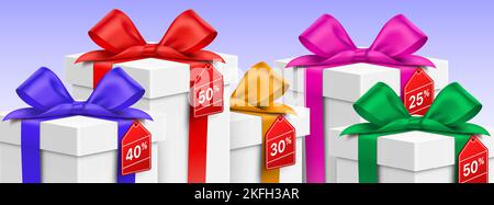 Bunte Geschenkschachteln mit prozentualen Rabattmarken. Urlaub Shopping Verkäufe realistische horizontale Vektor-Banner-Design Stock Vektor