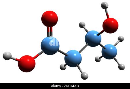 3D Bild der Skelettformel der Hydroxybutansäure - molekulare chemische Struktur der 3-Hydroxybutansäure auf weißem Hintergrund isoliert Stockfoto