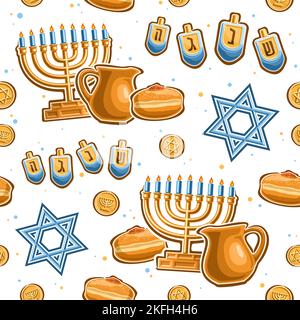 Vektor Hanukkah nahtloses Muster, wiederholender Hintergrund mit Illustrationen von goldenem Kerzenhalter, vier Dreidels und koscheren hanukkah sufganiyah auf Whi Stock Vektor