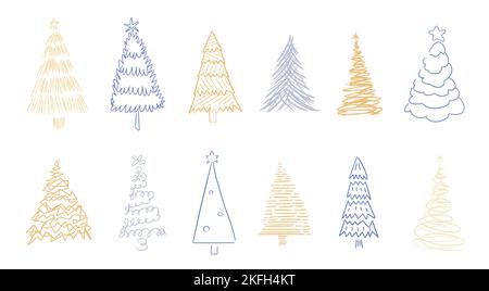 Weihnachtsbaum Doodle Illustration Set. Handgezeichnete Weihnachtsbäume. Funky, seltsam und exzentrisch Weihnachtsbaum Zeichnung Sammlung. Stock Vektor