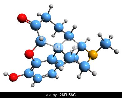 3D Bild der Hydromorphon-Skelettformel - molekulare chemische Struktur von Opioid-Dihydromorphinon auf weißem Hintergrund isoliert Stockfoto