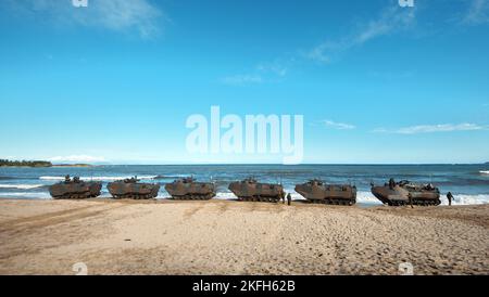 Tokunoshima, Japan. 18.. November 2022. AAV7 (Sturmamphibisches Fahrzeug) der amphibischen Schnelleinsatzbrigade der japanischen Selbstverteidigungseinheit stellt sich während der gemeinsamen militärischen Übung „Keen Sword 23“ der USA und Japans am Manda Beach auf der Insel Tokunoshima, Präfektur Kagoshima, Japan, am 18. November 2022 auf die Linie. Foto von Keizo Mori/UPI Credit: UPI/Alamy Live News Stockfoto