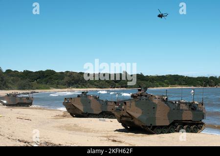 Tokunoshima, Japan. 18.. November 2022. AAV7 (Sturmamphibisches Fahrzeug) der Amphibienschnelleinsatzbrigade der japanischen Selbstverteidigungskräfte, die während der gemeinsamen militärischen Übung „Keen Sword 23“ der USA und Japans am Manda Beach auf der Insel Tokunoshima, Präfektur Kagoshima, Japan, am 18. November 2022 landete. Foto von Keizo Mori/UPI Credit: UPI/Alamy Live News Stockfoto