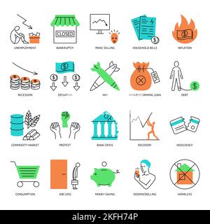 Symbol für die Wirtschafts- und Finanzkrise in einem Linienstil. Vektorgrafik. Stock Vektor