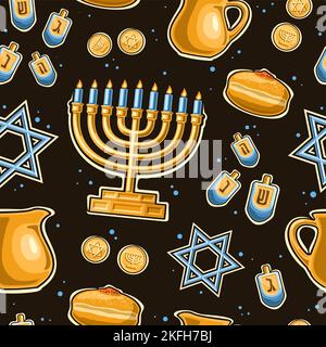 Vektor Hanukkah nahtloses Muster, wiederholender Hintergrund mit Illustrationen von goldenem Kerzenhalter, vier Dreideln und süßem hanukkah sufganiyah auf Blac Stock Vektor