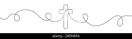 Christliches Kreuz im Stil der kontinuierlichen Linienzeichnung. Linienkunst des christlichen Kreuzes. Vektorgrafik. Abstrakter Hintergrund Stock Vektor