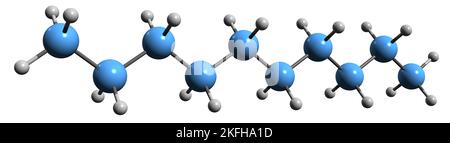3D Bild der Decan-Skelettformel - molekularchemische Struktur des auf weißem Hintergrund isolierten Alkanhydrokohlenstoffs Stockfoto