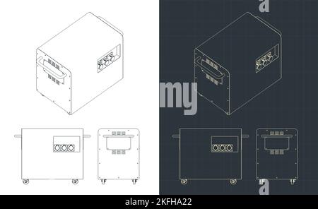 Stilisierte Vektor-Illustrationen von Blaupausen eines kleinen Dieselgenerators Stock Vektor