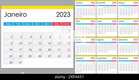 Kalender 2023 auf Portugiesisch, Wochenbeginn am Montag. Vektorvorlage Stock Vektor