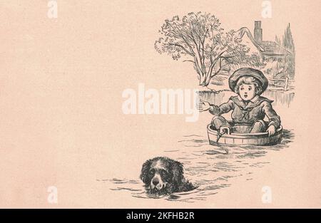 Schwarz-Weiß-Antike Abbildung zeigt einen Jungen und Hund segelt im Fluss. Die Vintage-Abbildung zeigt den Jungen, der im Fass sitzt und im Fluss segelt. Altes Bild aus dem Märchenbuch. Storybook Illustration veröffentlicht 1910. Das mündliche Geschichtenerzählen ist die früheste Methode, um Erzählungen zu teilen. Während der Kindheit der meisten Menschen werden Erzählungen verwendet, um sie über richtiges Verhalten, Kulturgeschichte, Bildung einer gemeinschaftlichen Identität und Werte zu leiten, wie sie heute vor allem in der Anthropologie unter traditionellen indigenen Völkern untersucht werden. Stockfoto