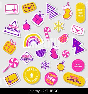 Niedliche Weihnachtssticker. Sammlung von Weihnachtsdekorationen, Urlaub Set. Vektorgrafik für das neue Jahr. Moderner Stil, gelb-lila rosa Farbe Stock Vektor