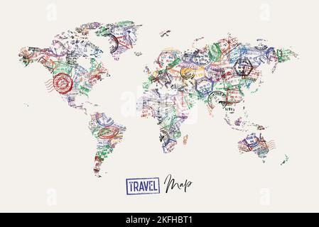 Reise-Weltkarte aus einem Passstempel verschiedenen Ländern Poster-Stil gemacht Stock Vektor