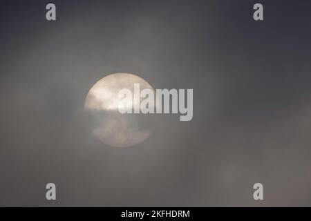 Früh morgens nebiger Sonnenaufgang. Die Sonne ist teilweise von dramatischen, stimmungsvollen Wolken verdeckt. Stockfoto